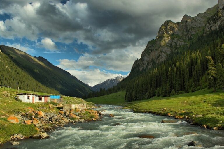 Река и красивые горы с лесами в Алтын-Арашан